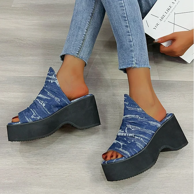 

Summer Thick Soled Slope Heel Fashionable Open Toe Square Head Slippers Women's Shoes Denim High Heel Slippers Women Sandals