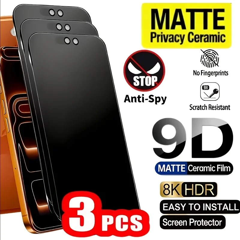 Lot de 3 films de protection d'écran en céramique mat anti-espion, couverture intégrale, anti-traces de doigts, compatible avec les coques pour iPhone 17 Pro Max, 17 Pro, 16, 15, 14