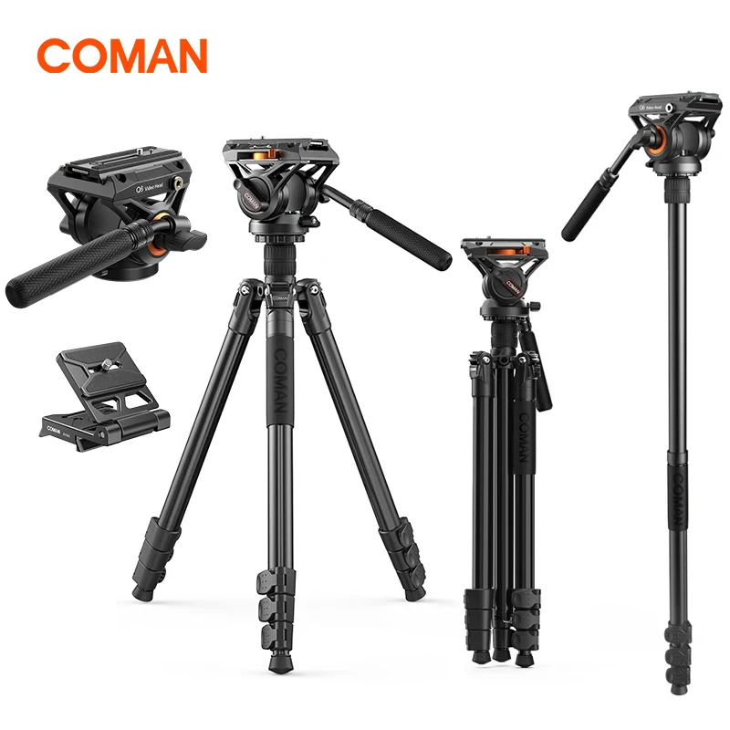 COMAN KX3939 플러스 여행용 삼각대, Q6 유체 드래그 팬 볼 헤드 포함, 금속 야외 DSLR 카메라 삼각대, 모노포드 비디오 범용 삼각대