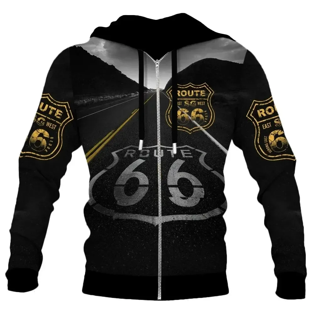 thumbnail image 1 of Sudadera con capucha y cremallera para hombre, informal, nueva, de primavera y otoño, con estampado de la Ruta 66, de manga larga, estilo urbano, holgada y de gran tamaño, 1 of 4