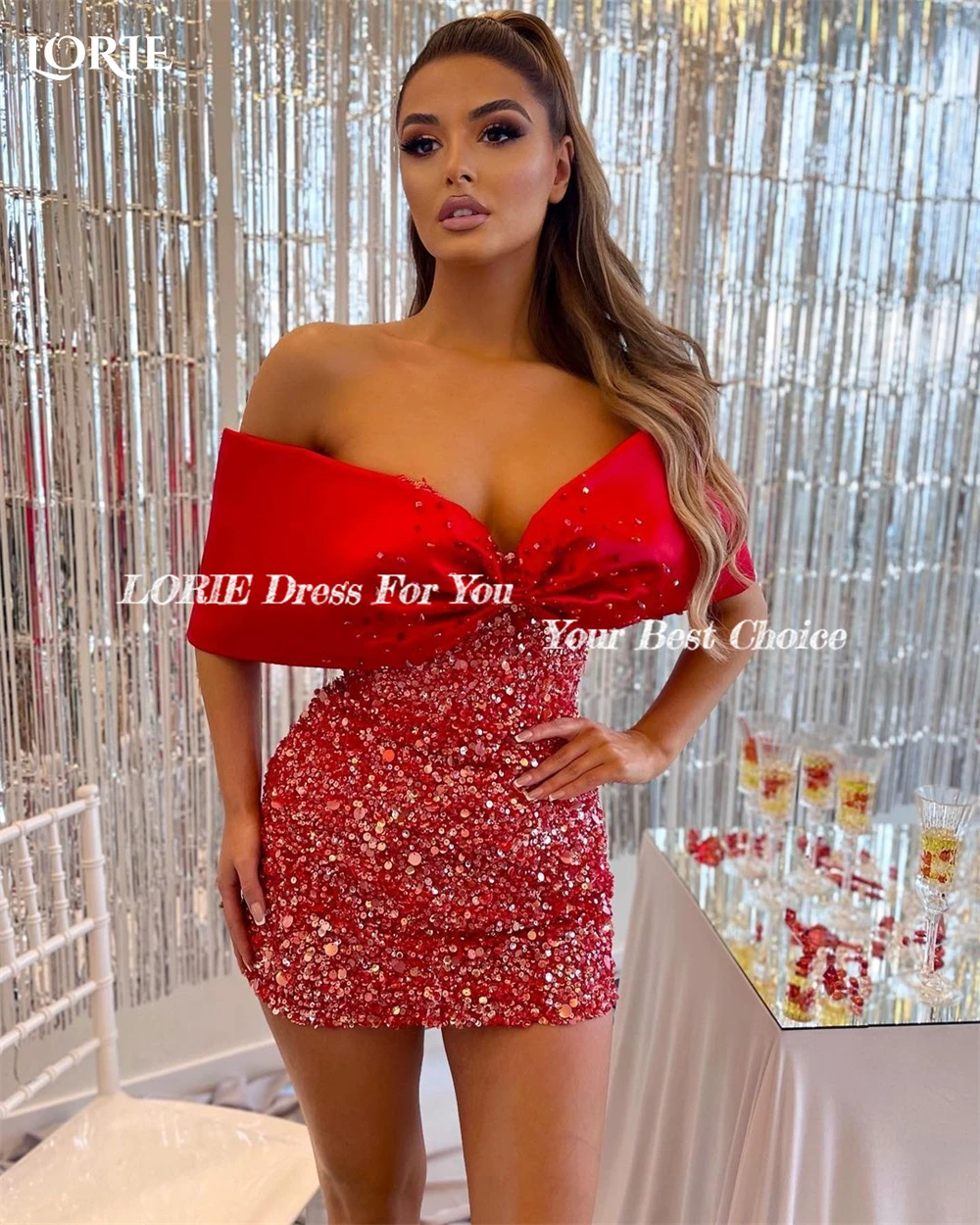 Sexy Glitter Cocktail Party Gowns Mini Sequins Off Shoulder Bow Sparkly Evening Dress Bodycon Shiny Backless Prom Dresses