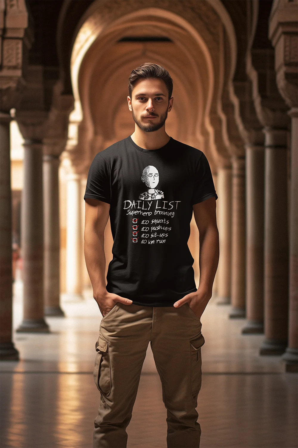 Manga One Punch-Man lustige tägliche Liste Anime T-Shirt für Männer 100% Baumwolle bedruckte Tops kreative Sommer plus Größe T-Shirts – Detail 1