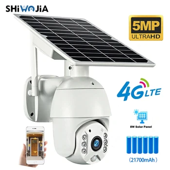 SHIWOJIA PTZ Solar IP Camera 4G SIM 5MP Dome Camera Solar Panel Camera Cloud SD Card Monitor Outdoor Security Smart LED Alarm