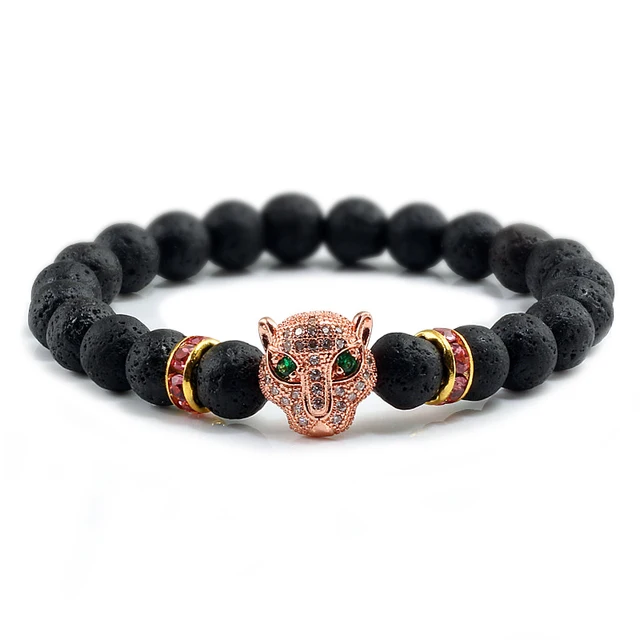 Pulsera de Lava negra, Reiki, Buda, piedra Natural, cabeza de leopardo.