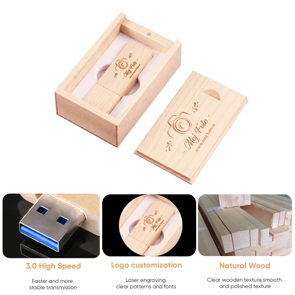 JASTER USB 3.0 로고 맞춤형 나무 Usb 상자 USB 플래시 드라이브 메모리 스틱 Pendrive 4GB 8GB 16GB 32GB 64GB U 디스크 결혼 선물