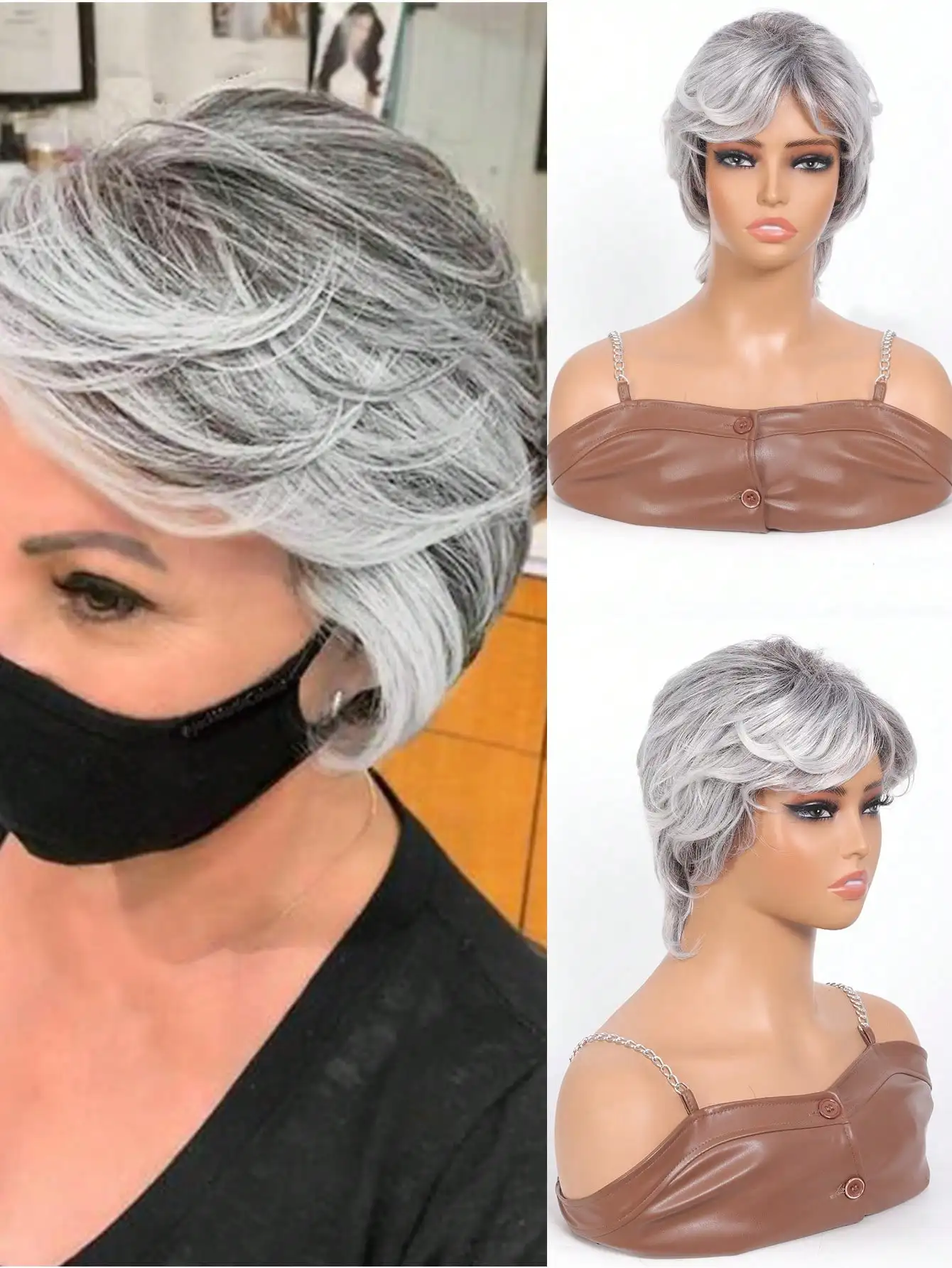 

Synthetic Women's Wigs Short Straight Layered Pixie Cut Black White Natura Wig Hair