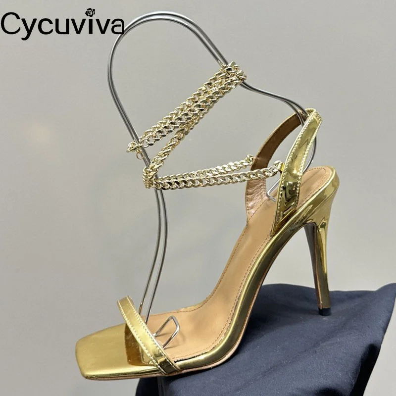 

Luyxury Metal Chain Slingback Pumps Summer Brand High Heel Sandals Women Point Toe Leather Dress Shoes For Woman Sandalias Mujer