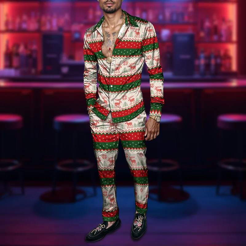 Christmas Printed Men's Shirt Set Two Piece Gingerbread Snowman_voghion.com