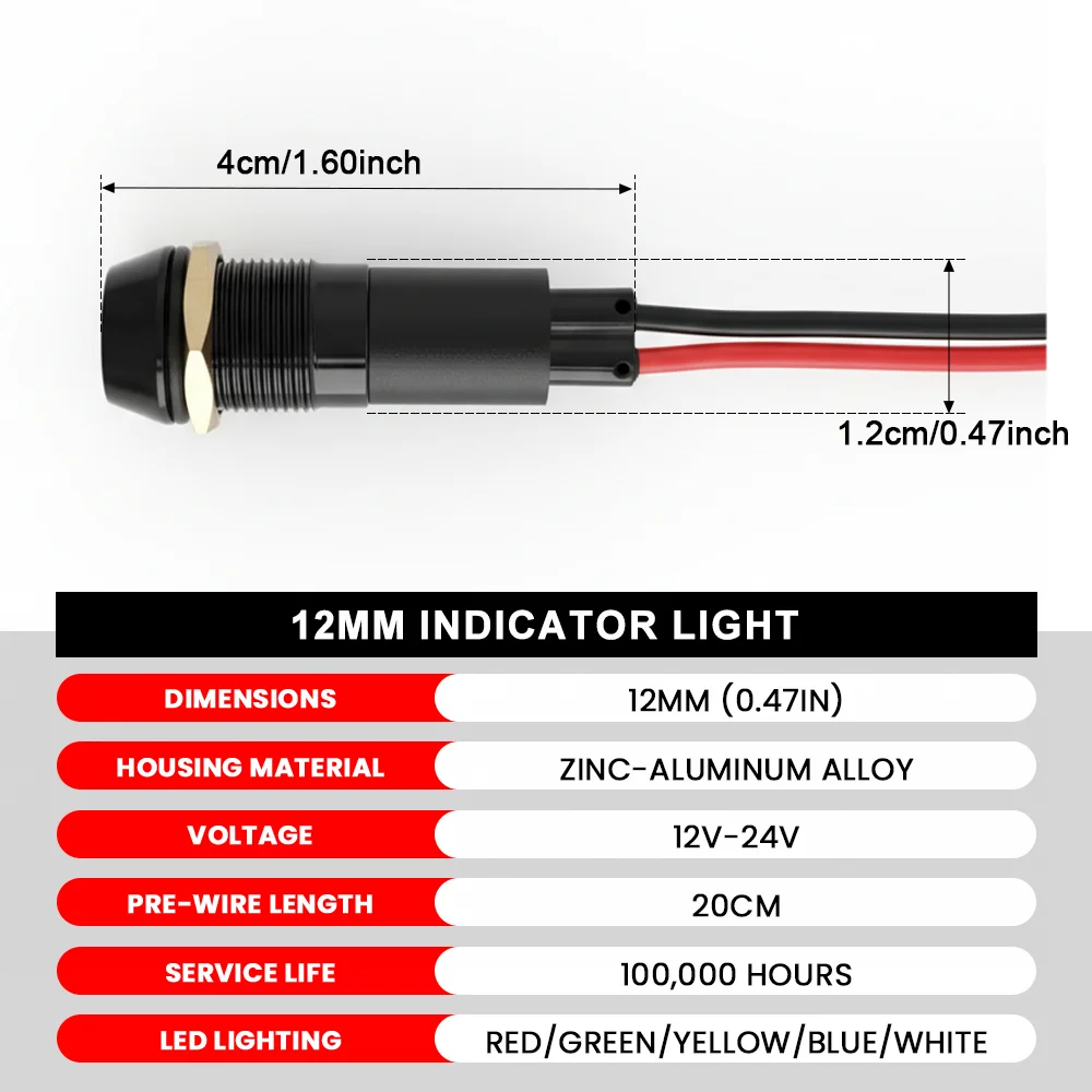 FLIN 10/25PCS 12mm 블랙 메탈 표시등 IP67 방수 LED 경고 램프12v-24v 자동차 대시보드 자동차 해양 오토바이용
