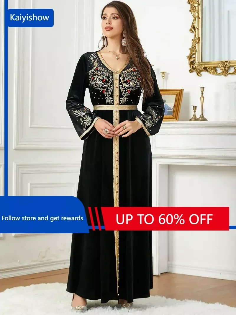 

Velvet Abaya for Women Embroidery Beaded Arabic Evening Dresses Muslim Autumn Winter Party Belted Moroccan Kaftan Ramadan