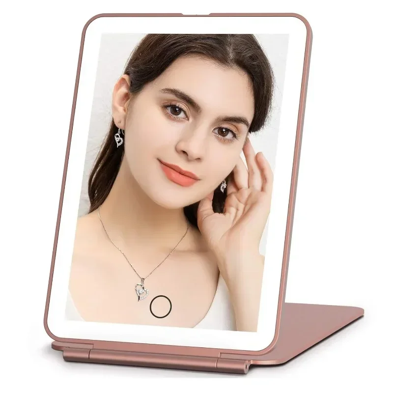 LED Foldable Travel Makeup Mirror 3 Colors Light Modes USB Rechargeable Touch Screen Portable Tabletop Cosmetic Mirror