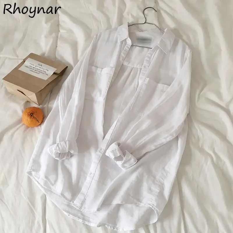 

White Shirts Women Summer S-3XL Baggy Gentle Leisure Breathable Literary Basic Ulzzang Office Lady Harajuku Long Tops All-match