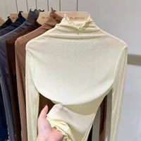 Sexy Women T Shirt See Through Transparent Mesh Tops Long Sleeve Sheer Slim Ladies Solid Turtleneck Silk T-Shirt Lace Crop Top - Image 6