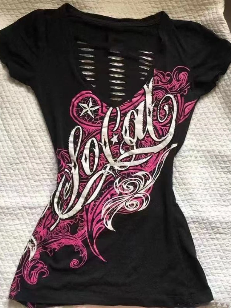 Summer Japanese Retro Hollow Out Design Clothing Women Y2k Tees Punk Slim Short Sleeve T-shirt Gothic Harajuku Zipper Tops New 3