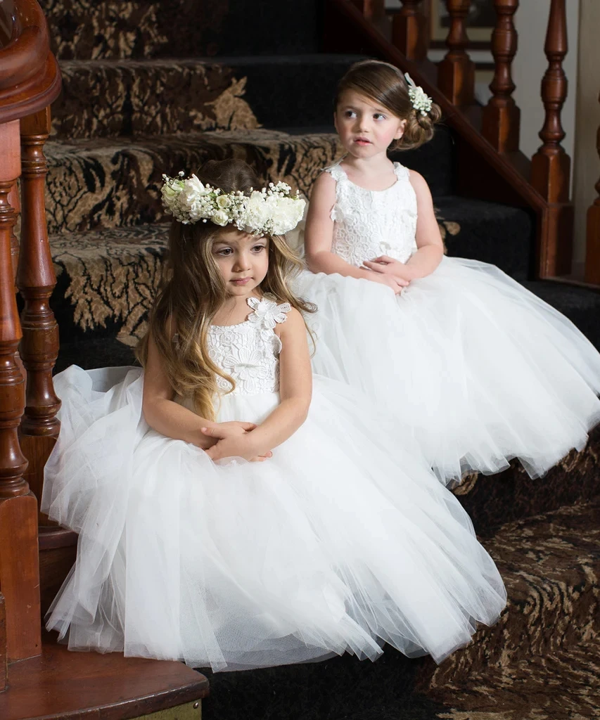 

Made to Order Princess Flower Girl Dress Floral Guipure Lace Bodice Full Tulle Skirt Finished with Covered Button Gown