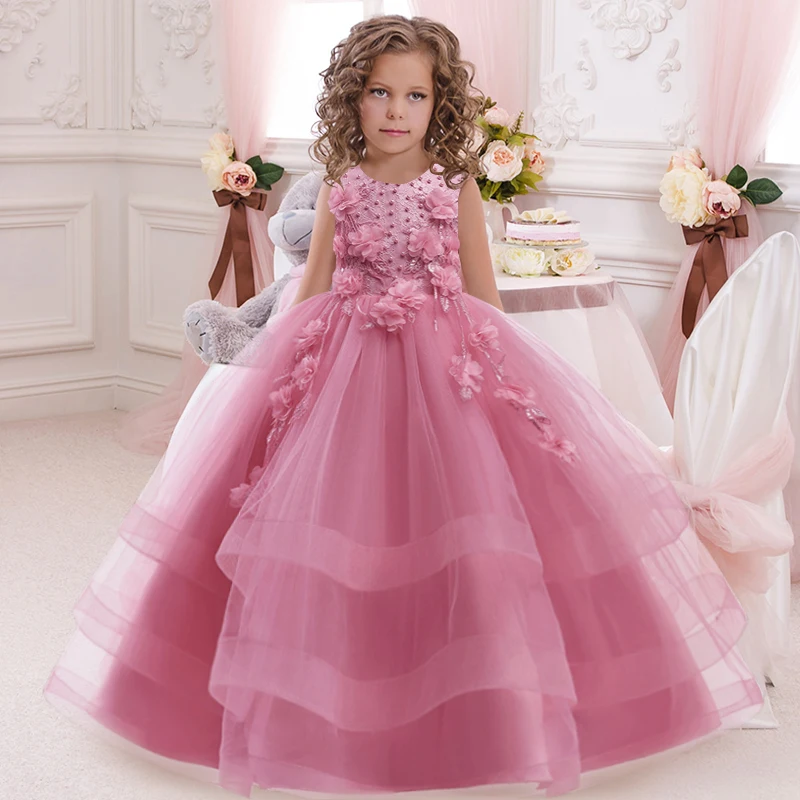 

Children's Beaded Flower Princess Dress Girls' fashion multi-layer gauze fluffy dress banquet party performance dress