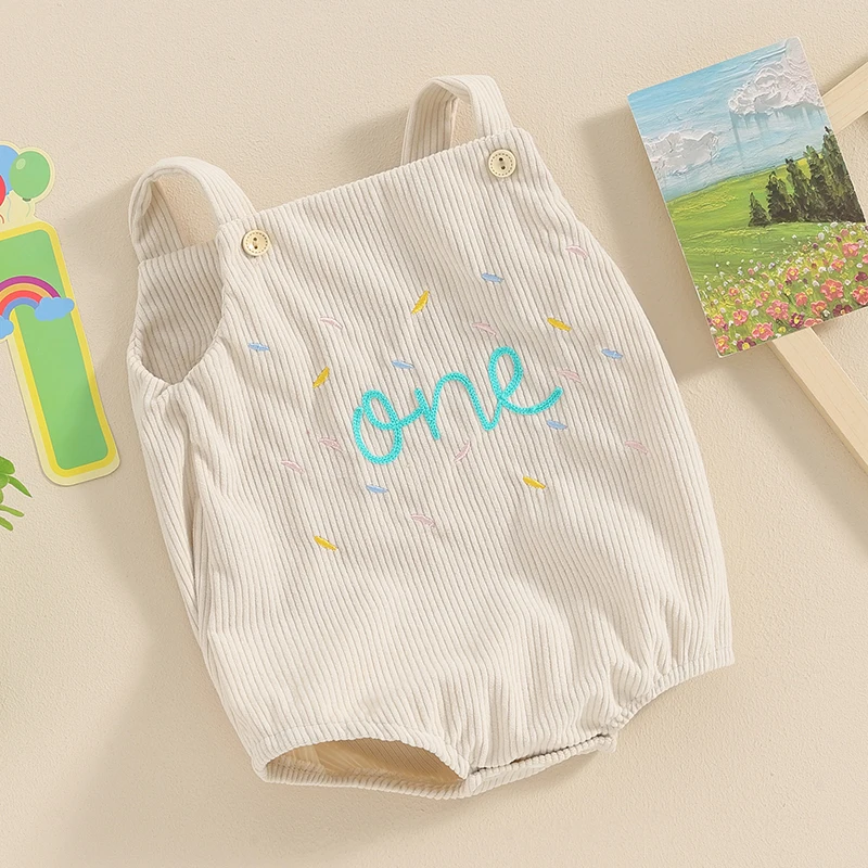 첫 번째 생일 Romper 민소매 단추 클로저 편지 바디 슈트 소녀 소년을위한 캐주얼 작업복