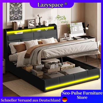 Letti doppi idraulici Lazyspace, struttura letto moderna in PU con spazio di archiviazione, letti imbottiti con luci a LED, mobili per la camera da letto di casa 1