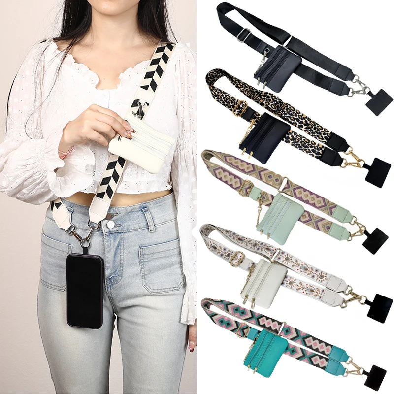 Crossbody Mobile Phone Lanyard with Zippered Leather Wallet and Adjustable Strap