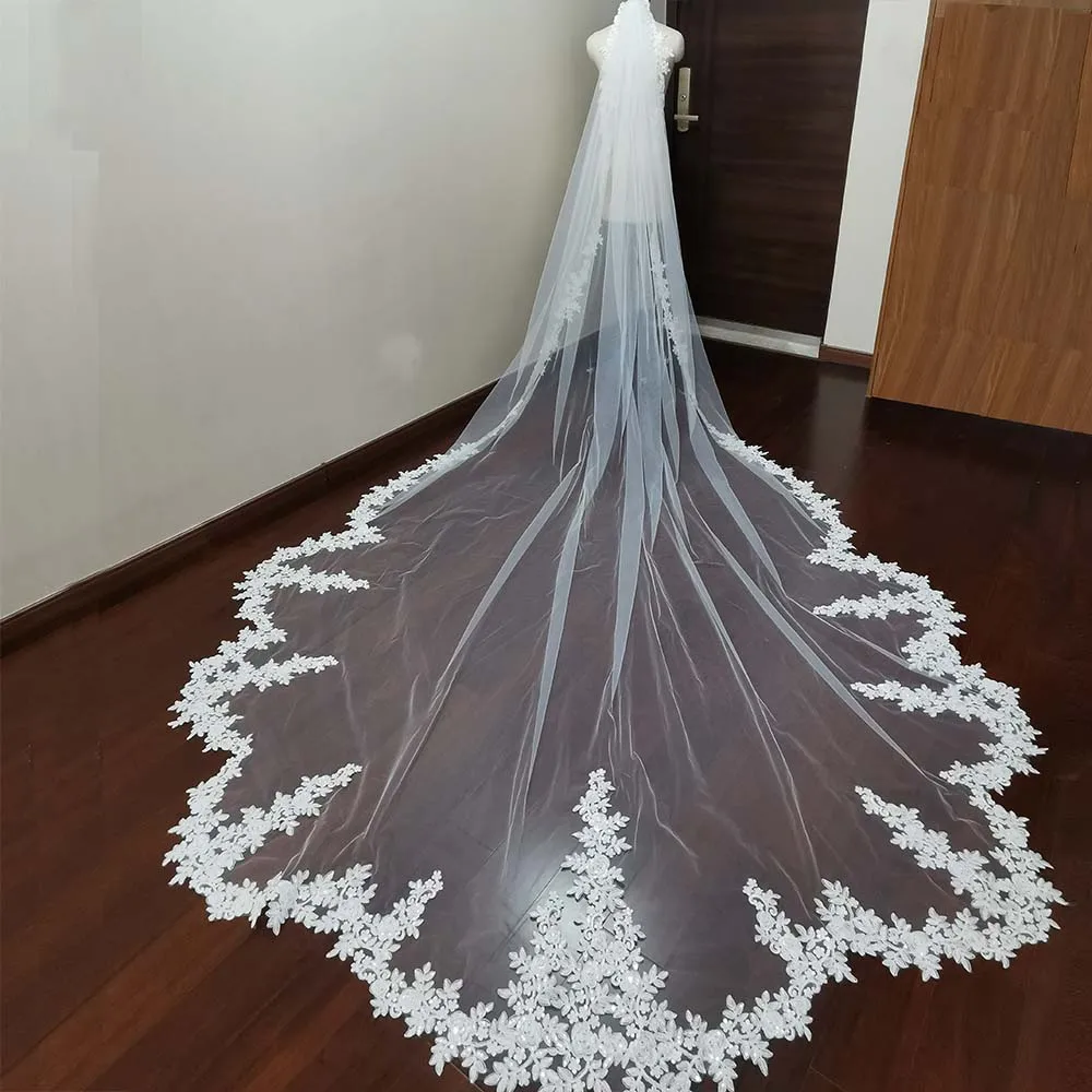 

Длинная свадебная фата с зубчатыми краями, роскошная блестящая кружевная, 1 слой, с гребнем, свадебные аксессуары