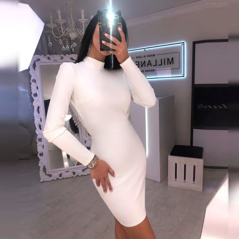 

Rocwickline New Summer and Autumn Women's Dress Sexy & Club Celebrities Solid O-Neck Elegant Vintage Bandage Formal Slim Dress