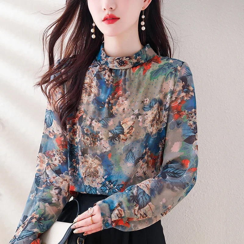 

Chiffon Printed Women's Shirts Vintage Blouses Flower Clothing Spring/Summer Loose Fashion Long Sleeves Women Tops YCMYUNYAN