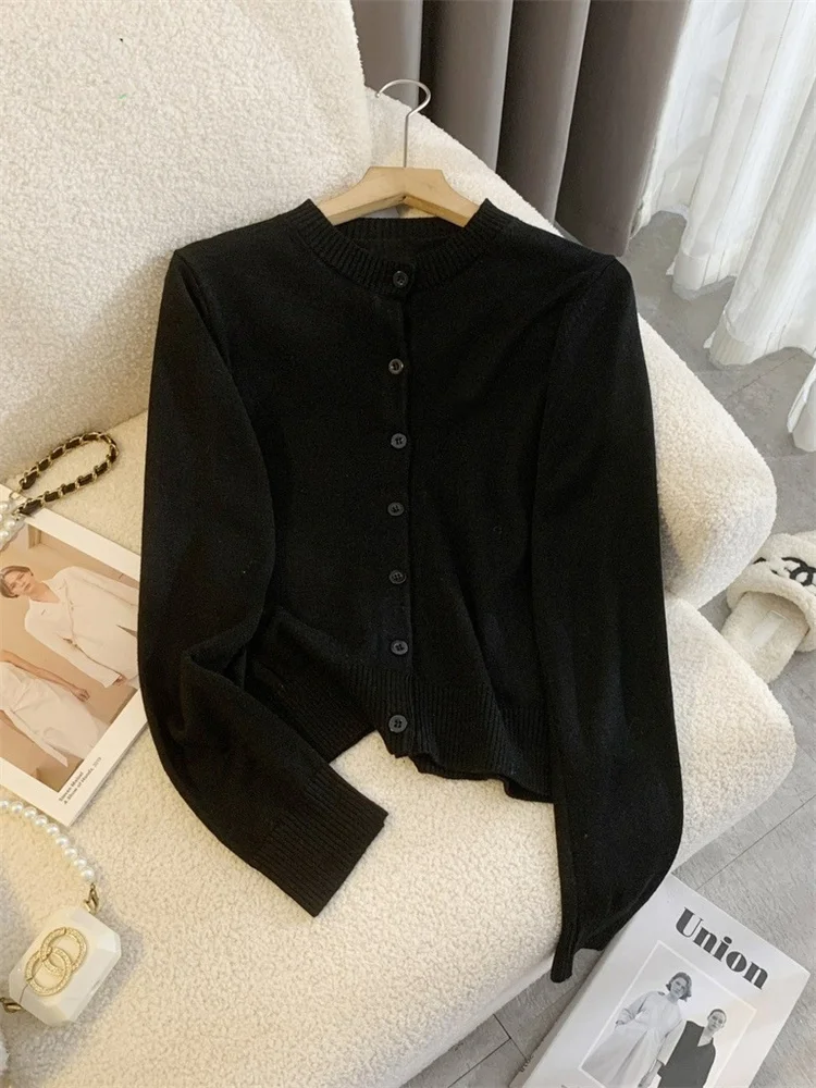 Female Sweater Knit Cardigan Coat Casual Loose Long Sleeve Patchwork Solid Scoop Neck Outwear Autumn Knitwear Coat Ladies