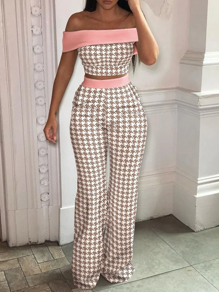 Ladies Sexy Off Shoulder Slim Two Piece Sets Women Elegant Slash Neck Crop Top And Wide Leg Pants Suit Summer Short Sleeve Suits plus size formal pant suits Suits & Blazers