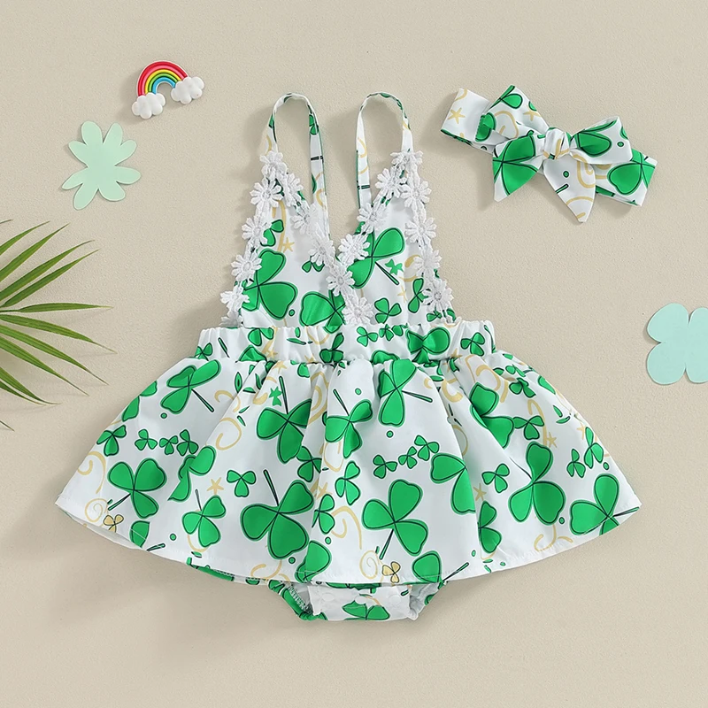 

Saint Patrick s Day Baby Girl Irish 2 Piece Outfits Shamrock Print Sleeveless Romper Dress and Headband Cute Fashion Summer