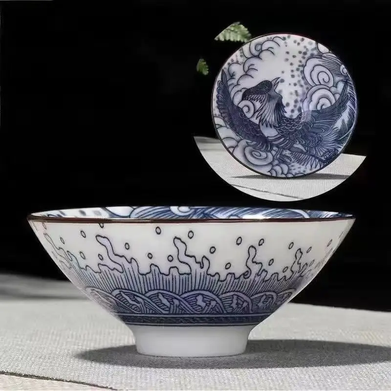 Handcrafted Blue & White Porcelain Teacup - Dragon, Phoenix, and Pavilion Design