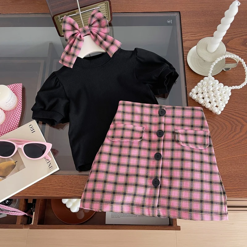 2024Summer New Girls' Puff Sleeves BrokenT Pink Plaid Skirt Two-Piece Set24151