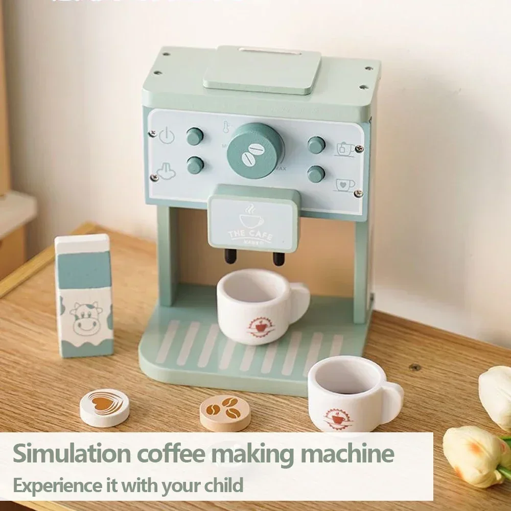 Kids Kitchen Toy Set Wooden Coffee Maker Set Simulation Cookie Maker Kit Pretend Play Educational Toys Gifts for Girls Boys 3