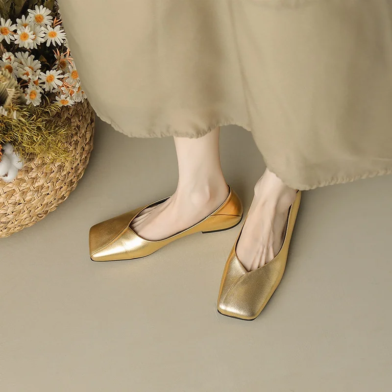 New French Soft Sole Cowhide Comfortable Casual Shoes Square Head Shallow Mouth Low Heel Fashion Women's Single Shoes