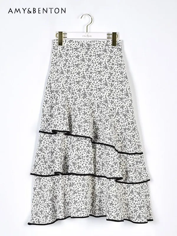 Elegant Retro Dots Floral Ladies Cake Long Skirt Contrast Color High Waist Slimming Skirt Lady Casual Skirt Women's Bottoms new 2023 ladies fall irregular skirts women black brown twill elastic high waist s 3xl office lady mid asymmetrical skirt female