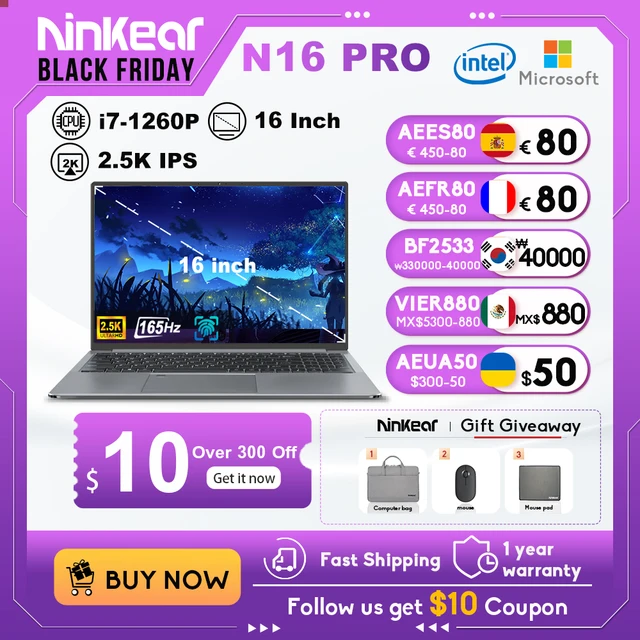 Ноутбуки Ninkear N16 Pro, 16 дюймов, 2,5 K, 165 Гц, Intel Core i7-1260P WiFi, 6, 32 ГБ ОЗУ + Φ SSD, офисный компьютер, ноутбук на Windows 11, ноутбук 1