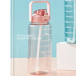 Large Capacity Sports Water Bottle with Straw and Time Marker (PINK)
