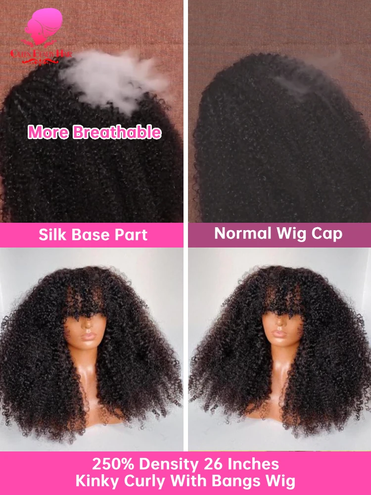 Silk Base Human Hair Wig With Bangs Brazilian Afro Kinky Curly Silk Base Deep Wave O Scalp Glueless Human Hair Wig Wear And Go