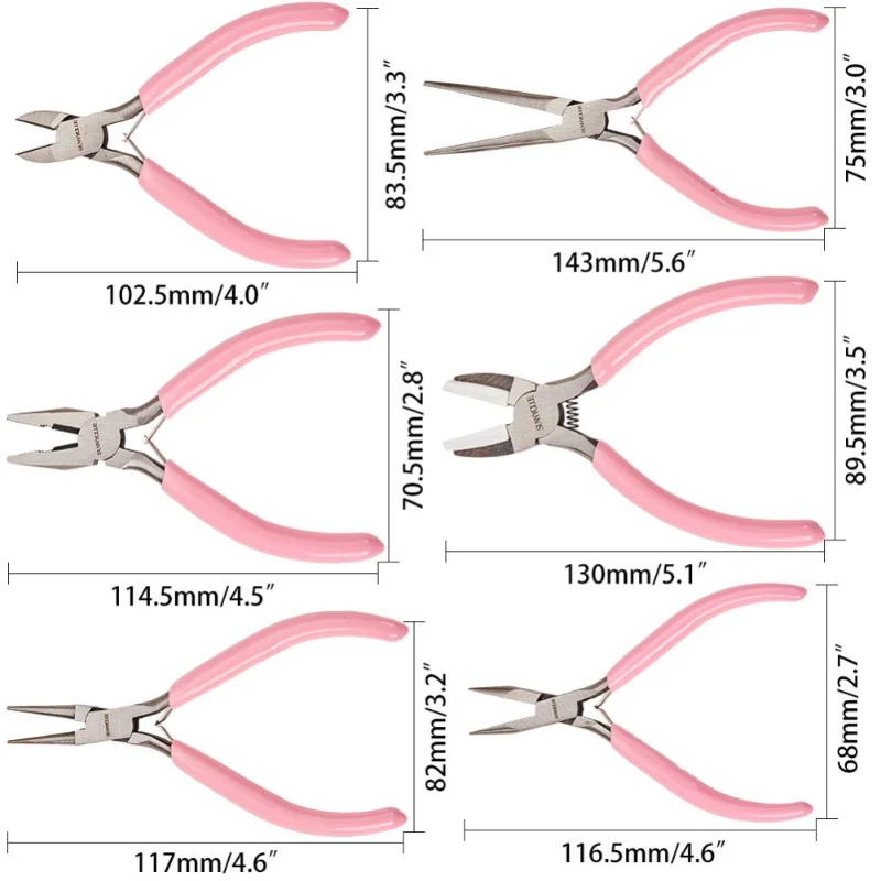 6pcs 45# Carbon Steel Jewelry Pliers Pink Anti-slip Handle Fixing Tools for DIY Jewelry Making Handmade Accessories Hand Tool