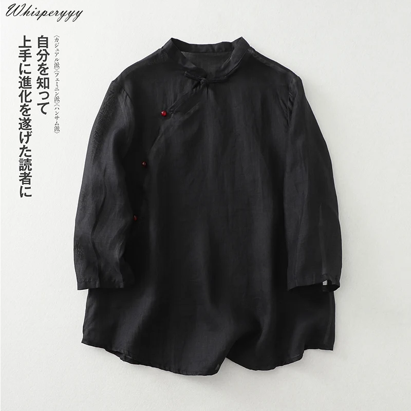 Cotton and Linen Blouse Women Spring and Summer Retro Chinese Zen Elegant Solid Color Tops Ethnic Style Shirt Female