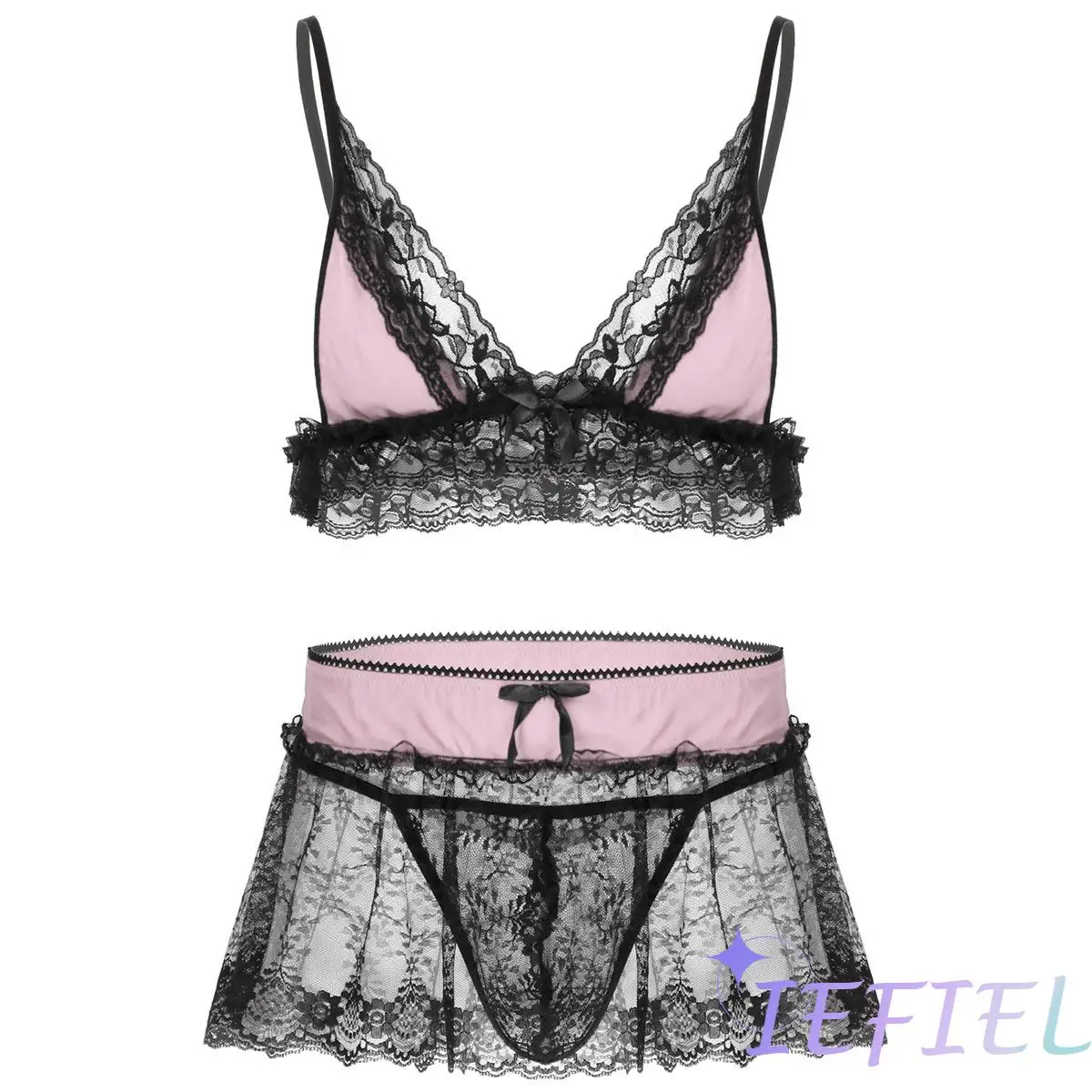 

Sissy Lingerie Set Ruffled Sheer Lace Nightwear Babydoll Crossdressing Underwear Men Bra Top with Mini Skirt + G-string Briefs