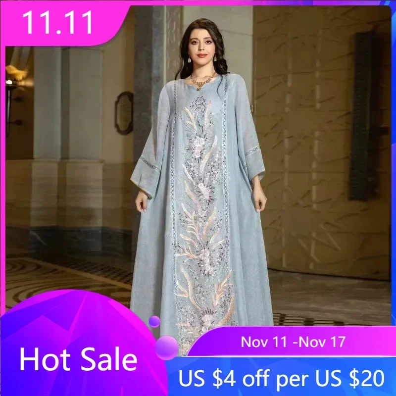 

Eid Morocco Party Dress for Women Sequins Beading Mesh Abaya Morocco Kaftan Long Vestidos Ramadan Gown Dresses Saudi Arab Robe