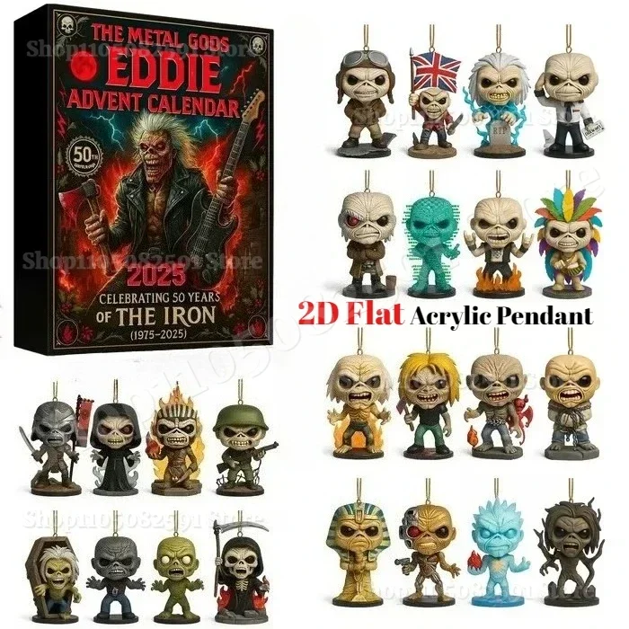 Rock and Metal Eddie Advent Calendar 2025 2D Acrylic Eddie Hanging Christmas Band Pendant 24pcs Keychain