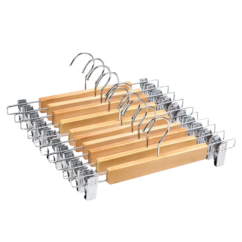 Clothes Hanger Storage Hanger Wooden Skirt Hangers with Adjustable Clips Non-Slip Trouser Hanger Natural Finish Lotus Wood Pants hangers 360 Deg
