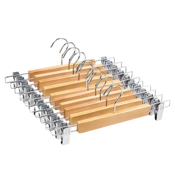 Wooden Skirt Hangers with Adjustable Clips (Pack of 1/5) Non-Slip Trouser Hanger Natural Finish Lotus Wood Pants hangers 360 Deg 1