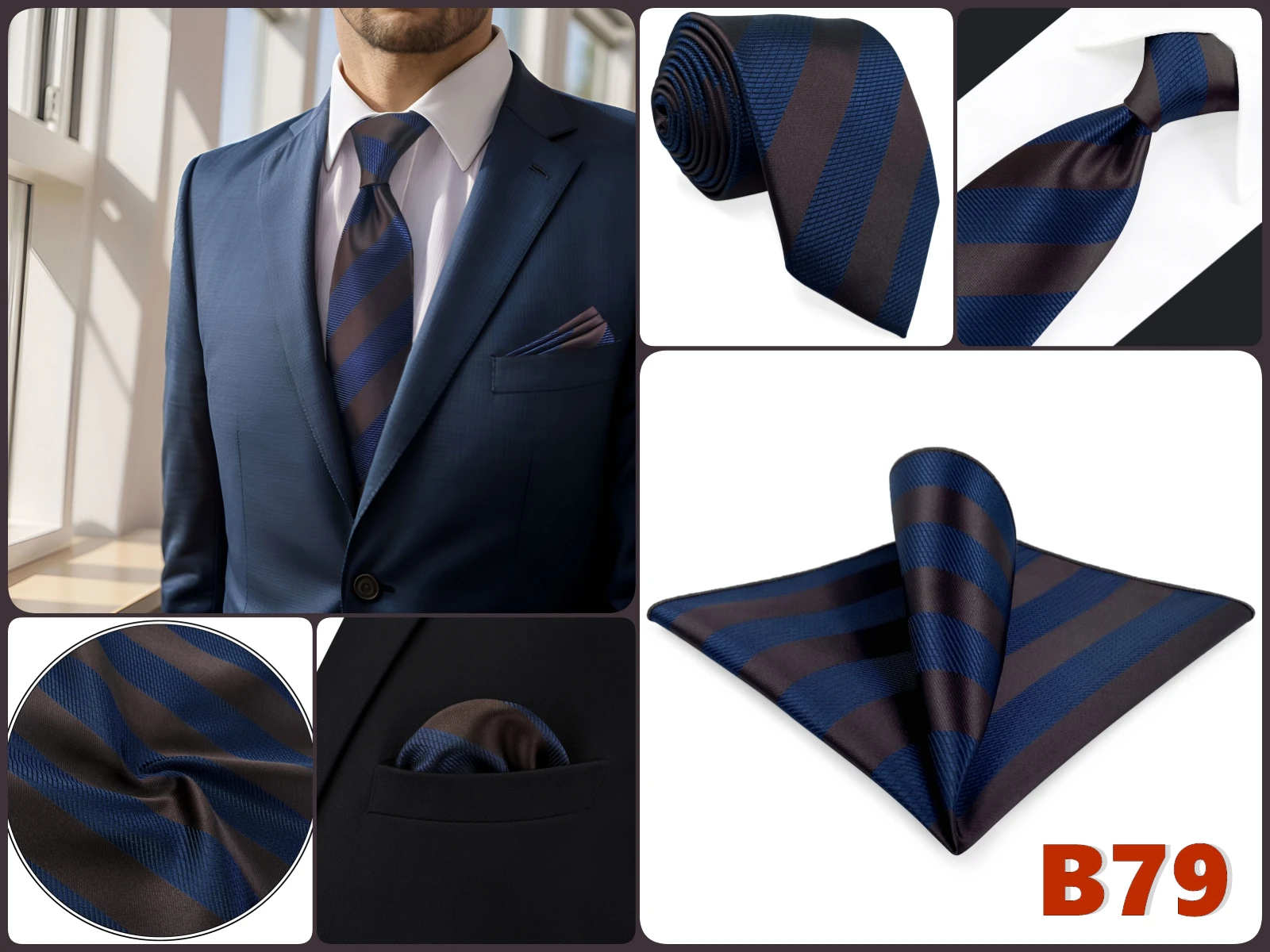 Herren-Krawatten-Set mit Einstecktuch, Blau, Marineblau, Grau, Dunkelgrün, Extra Lang 160cm, Hochzeitsgeschenk, Krawattenzubehör, Dropshipping – Detail 2