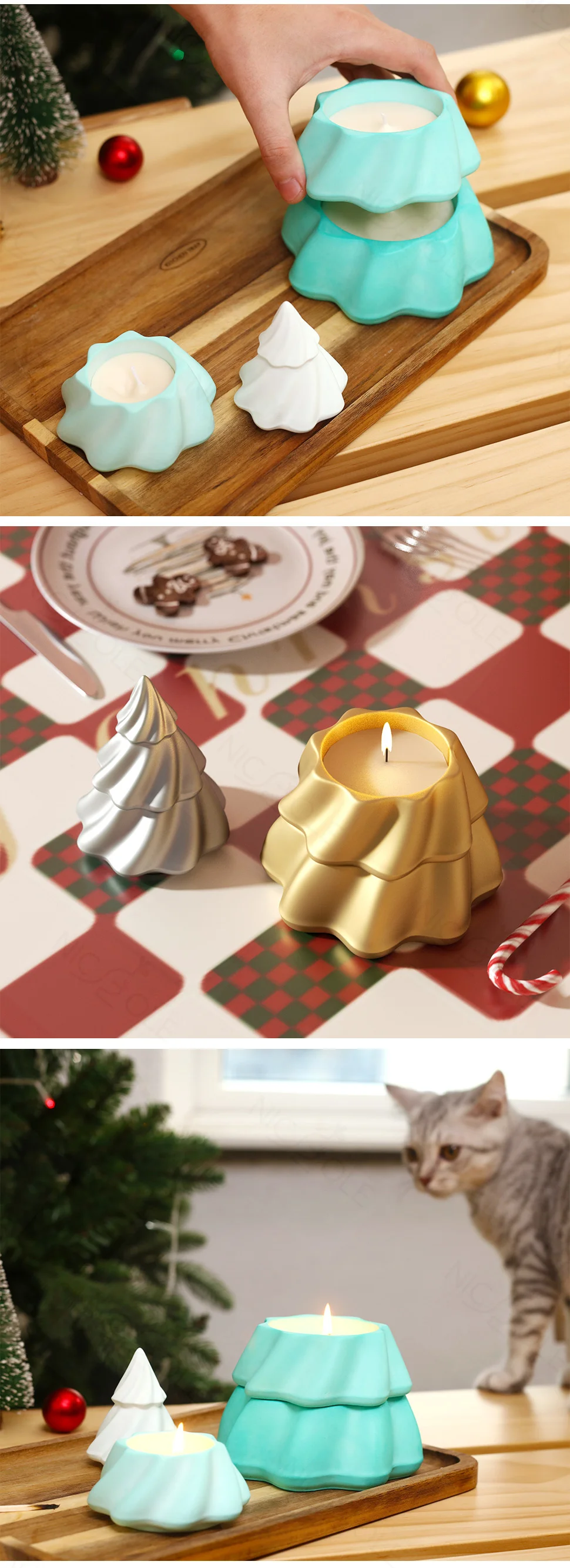 Christmas Candle Jar Silicone Mold Concrete Stacking Xmas Tree Gypsum and Jesmonite Mould Christmas Home Decoration