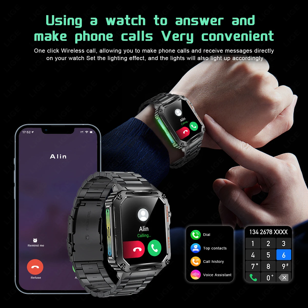 LIGE 2024 ߿ GPS  Ʈ ġ, 1.91 ġ HD ũ ɹڼ ð, IP68   Ʈ ġ,  