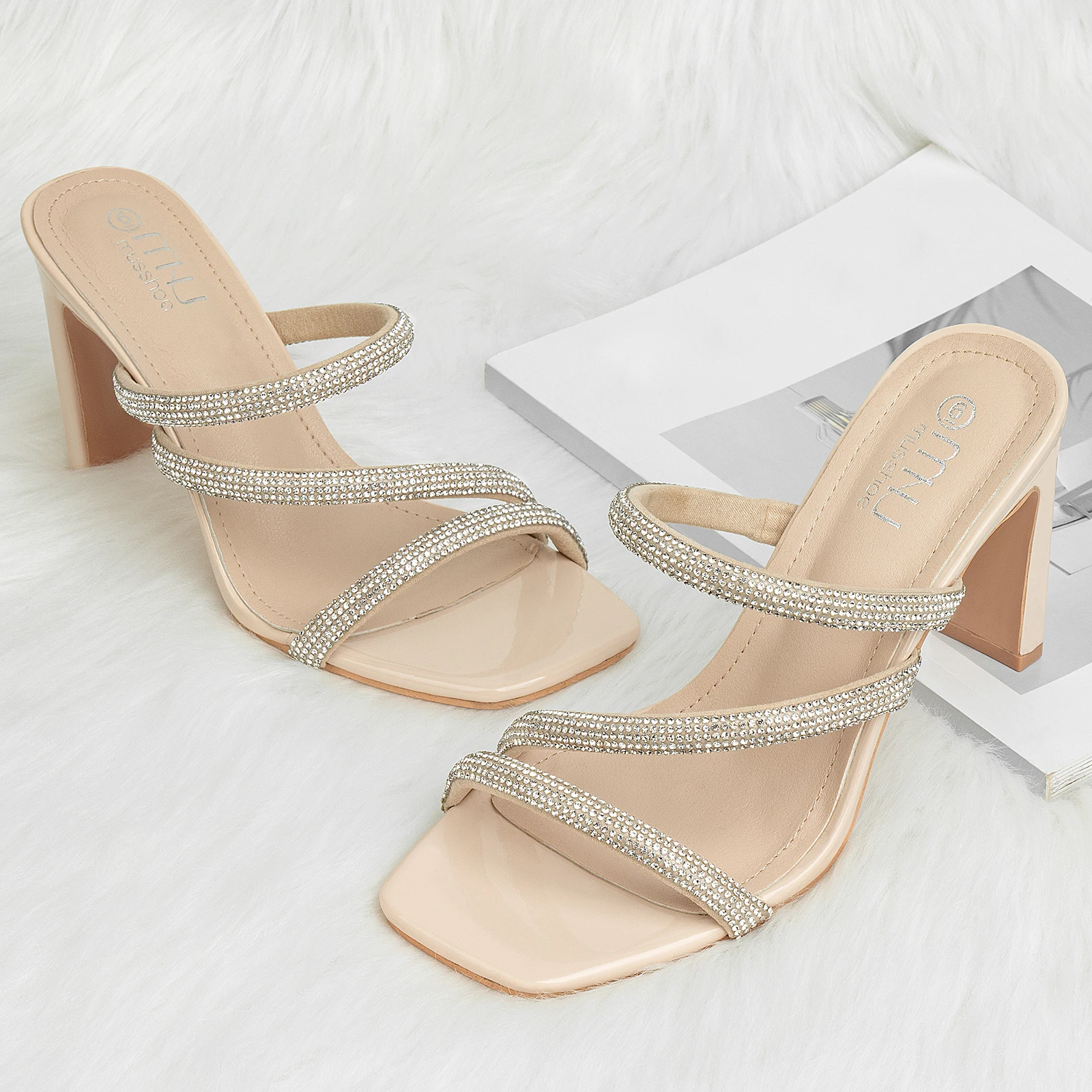صندل نسائي بكعب عالٍ متلألئ بمقدمة مربعة |   حذاء نسائي بكعب مكتنز للربيع والصيف والخريف