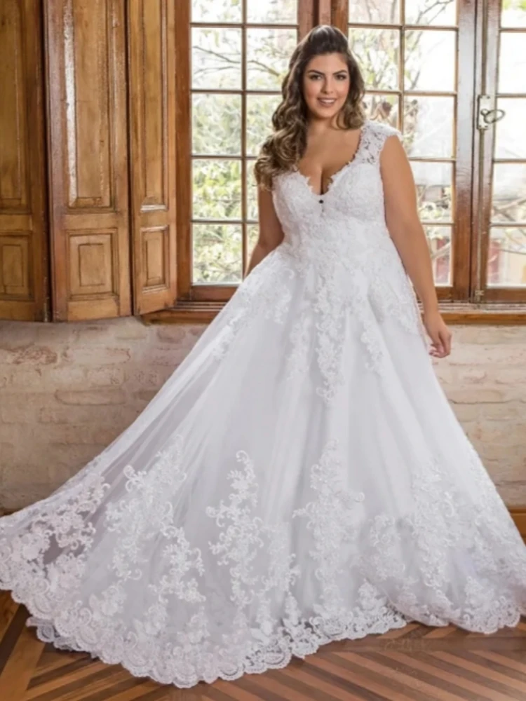 

New Vintage Plus Size A-Line Bridal Wedding Dresses V-Neck Lace Appliques Illusion Back Vestido De Noiva Customed 2024 웨딩드레스