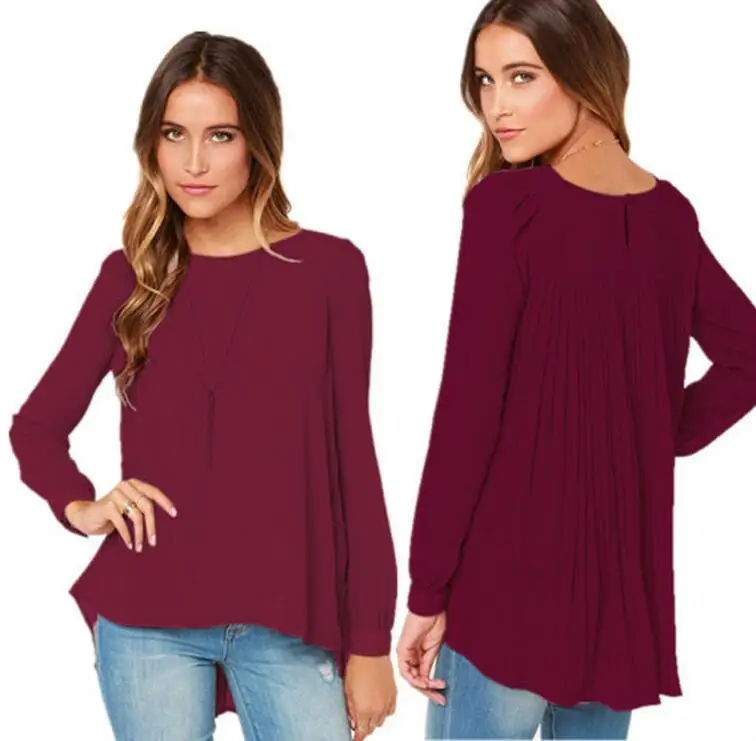 

New Women chiffon blouse Fashion Casual Long-sleeved irregular women shirts Elegant plus size chiffon women tops S-5XL